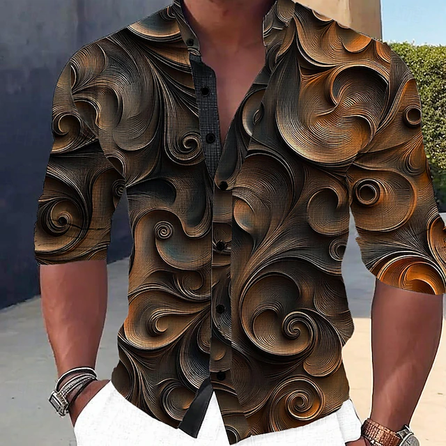 Men's 3D Print Geometric Pattern Dress Shirt Button Up Shirt Long Sleeve Casual Vacation Daily Summer Spring & Fall Grandad Collar Band Collar 3D Print Dark Brown4