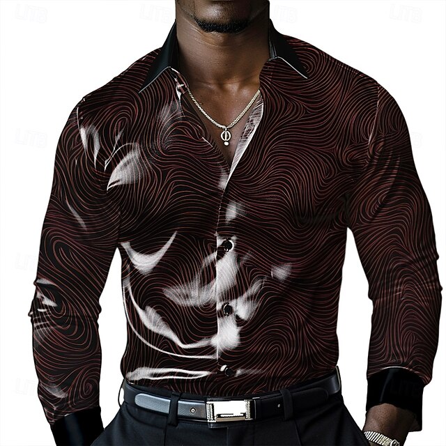 Men's Shirt Satin Shirt Dress Shirt Button Up Shirt 3D Print Vacation Party Evening Wear Dark Brown Long Sleeve Collared Shirts Summer Spring Clothing Apparel Button Up4