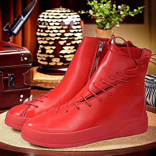  Men's Red Faux Leather High-Top Boots with Side Zipper and Lace-Up Design – Stylish Casual Footwear for Fall and Winter