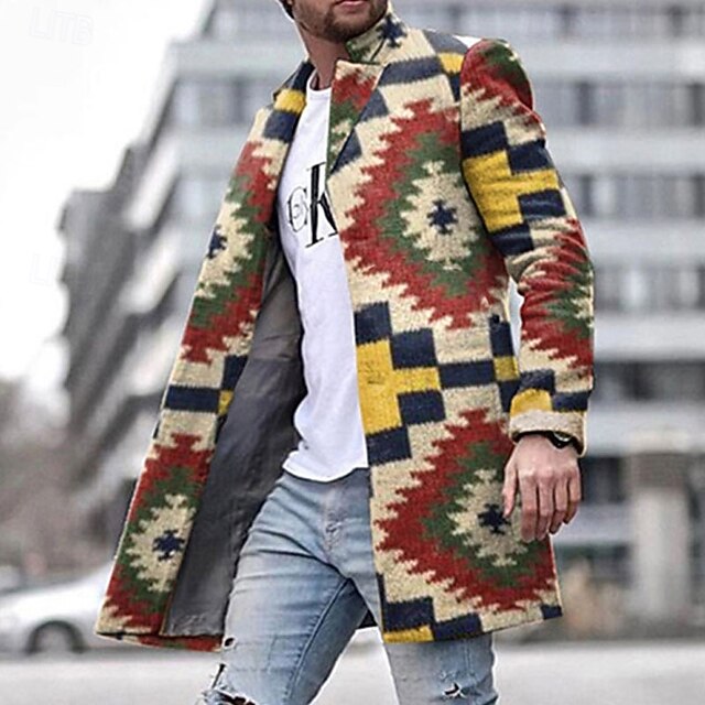 Men's Winter Coat Overcoat Coat Daily Wear Vacation With Pockets Print Front Pocket Fall & Winter Geometry Streetwear Sport Turndown Regular khaki Jacket4