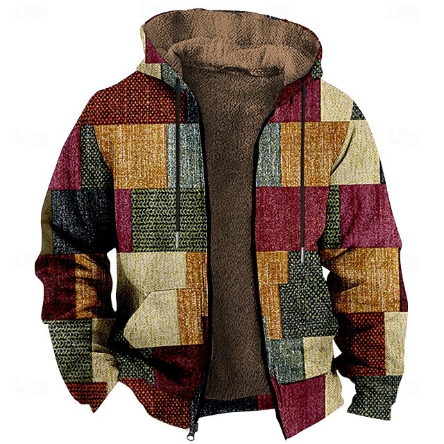 Men's Plaid Fleece Hoodie Hoodies Fashion Ethnic Long Sleeve Hooded Party Streetwear Red Drawstring Fall Winter Designer4