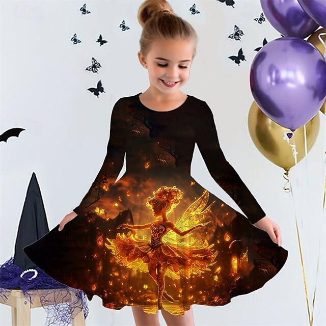 Halloween Girls' 3D Graphic Cartoon Dress Long Sleeve Summer Spring Daily Holiday Vacation Beautiful Sweet Kids 4-12 Years Casual Dress A Line Dress Knee-length Polyester Regular Fit3