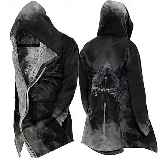 Men's Soldier Winter Coat Fleece Jacket Coat Comfortable Warm Breathable Vintage Abstract Gothic Sports & Outdoor Daily Wear Going out Zipper Pocket Print Fall & Winter Hoodie Long Sleeve Black4