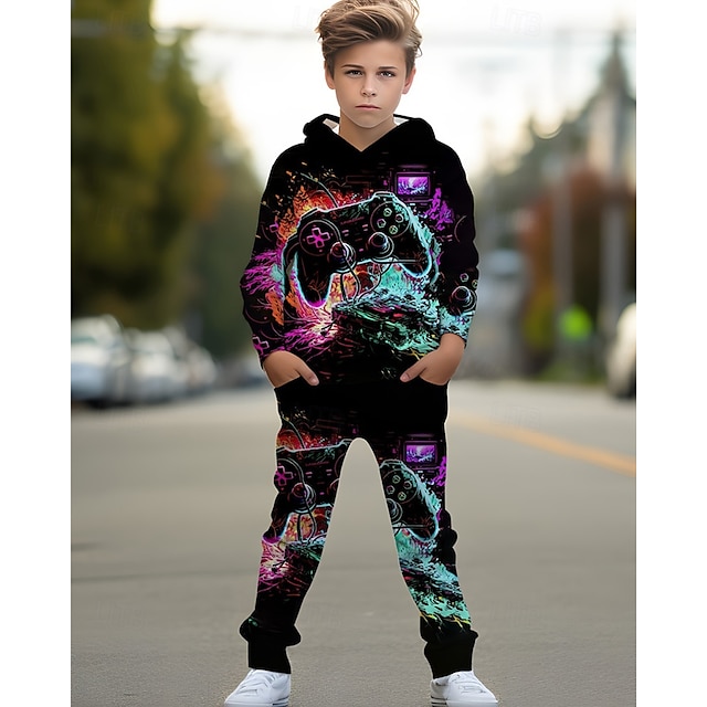 Boys 3D Graphic Game Hoodie & Sweatpants Set Sports Suit Tracksuits Long Sleeve Spring Fall Daily Basic Casual Kids 4-12 Years Hooded Outdoor Vacation Sports Tailored Fit