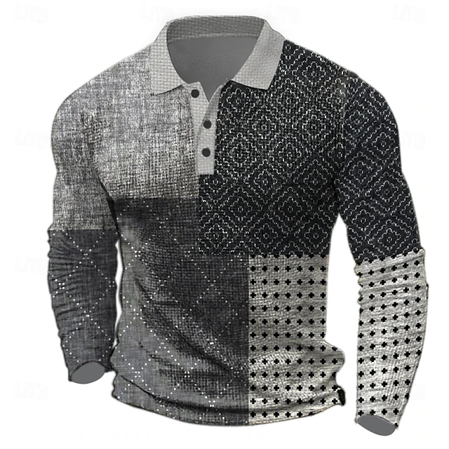 Men's Plaid Waffle Polo Shirts Golf Shirt Long Sleeve Polo Shirts Collared Shirts Vintage Casual Vacation Wear Formal Wear Festival Wear Buttons 3D Print Spring Fall Winter Black4