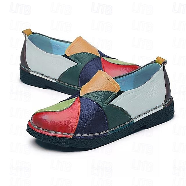  Damen-Loafer aus buntem Patchwork-Kunstleder | lässige Schlupfschuhe mit handgenähtem Design für den täglichen Gebrauch und Komfort