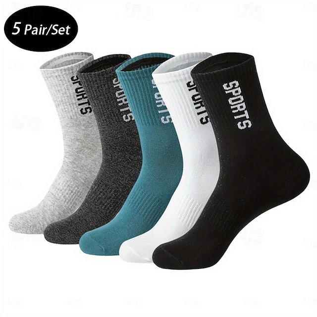 Men's 5 Pairs Multi Packs Socks Running Socks Casual Socks Black White Color Letter Sports & Outdoor Daily Vacation Basic Medium Spring Fall Fashion Casual 6