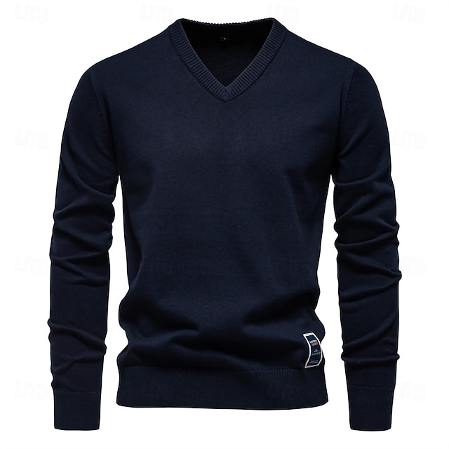  Herrenpullover mit V-Ausschnitt aus massiver Baumwolle, langärmelig, lässig, leger, gestrickt