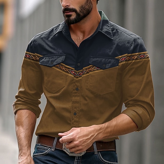  Herren Farbblock Westernhemd Knopfhemd Cowboy-Shirt Langarm Vintage Western Alltagskleidung Frühling Herbst Winter Umlegekragen Hemden mit Kragen 3D-Druck Braun