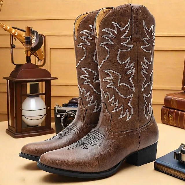 Men's Boots Cowboy Boots Vintage Classic Outdoor PU Knee High Boots Black Brown Winter 8