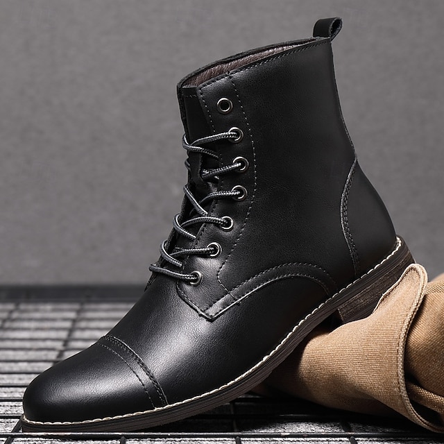  cizme militare din piele artificială maronie pentru bărbați, cu design durabil cu șireturi - cizme elegante de exterior și de lucru”