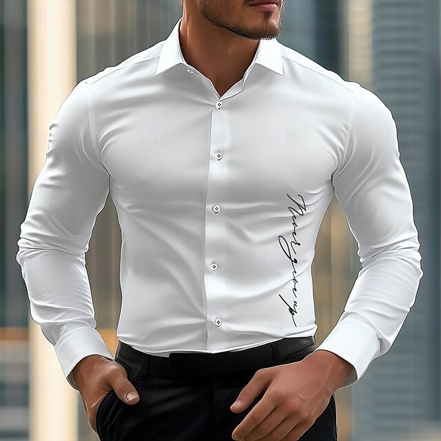 Men's Shirt Dress Shirt Letter Printed Street Wear to work White Long Sleeve Turndown Spring & Summer Clothing Apparel Print4