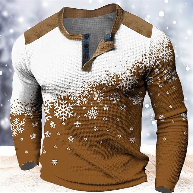  jul mäns julscen henley t-shirt grafiskt färgblock snöflinga modedesigner avslappnad 3d-tryck henley våffla sport utomhus semester festival röd blå brun långärmad henley vår