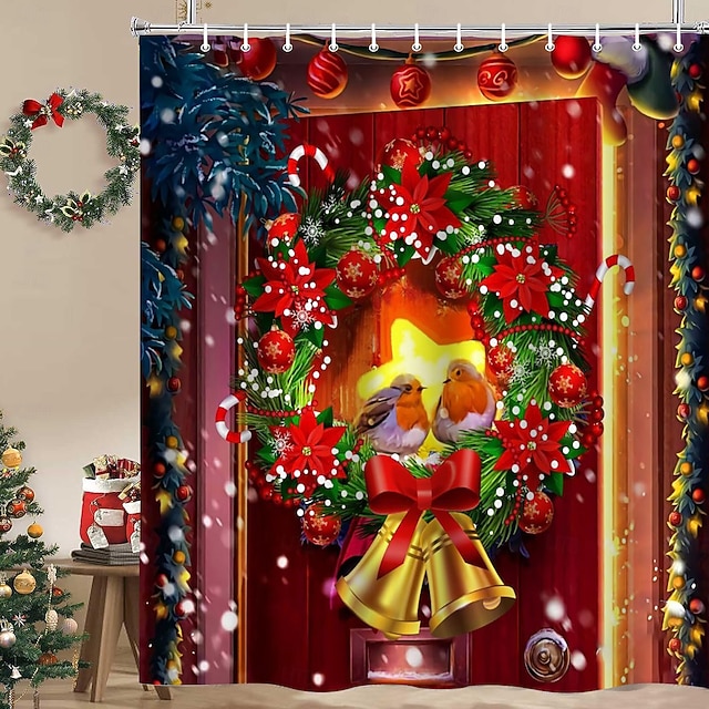 Frohe Weihnachten Duschvorhang mit Haken für Badezimmer Duschvorhang Badezimmer Dekor Set Polyester wasserdicht 12er Pack Kunststoffhaken