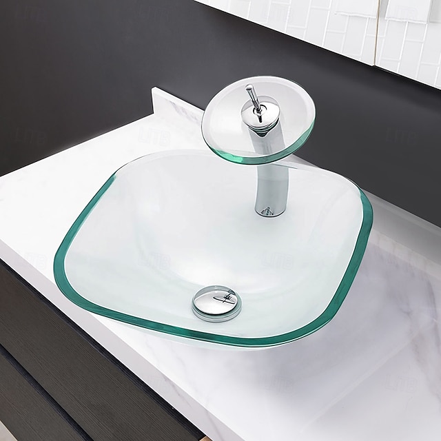  Bathroom Artistic Glass Vessel Sink with Waterfall Basin Faucet and Pop-up Drain Bathroom Sinks Above Counter Vanity Countertop Sink Bowl