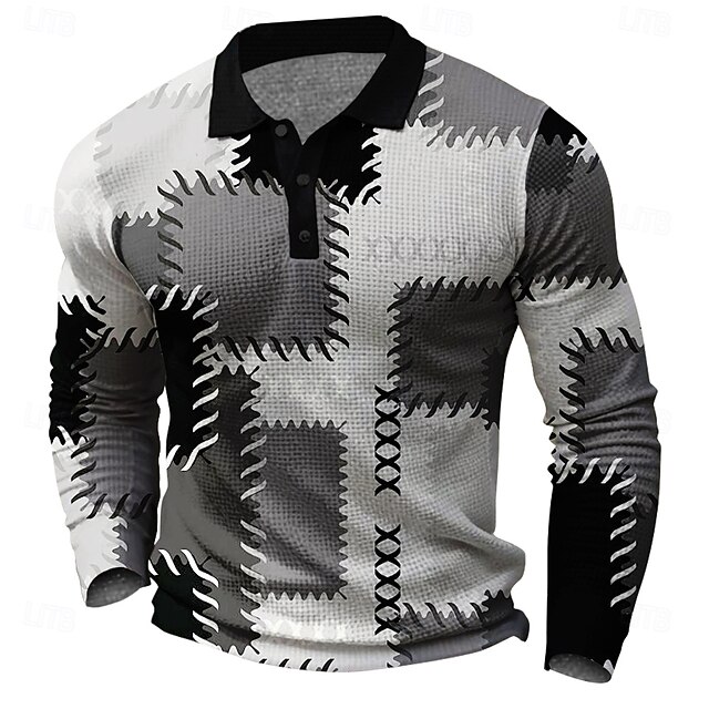Men's Plaid Waffle Polo Shirts Golf Shirt Long Sleeve Polo Shirts Collared Shirts Vintage Casual Vacation Wear Formal Wear Festival Wear Buttons 3D Print Spring Fall Winter Black And White4