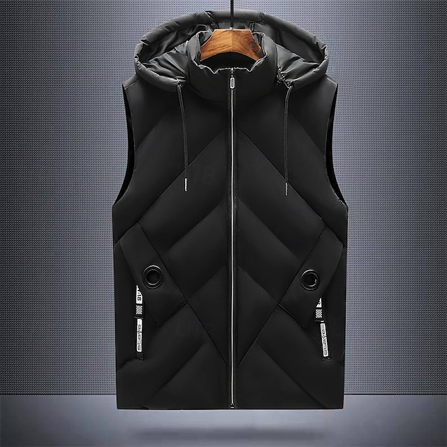 Men's Down Vest Puffer Vest Vest Gilet Vacation Daily Date Fashion Casual Fall & Winter Pocket Polyester Warm Comfortable Plain Zipper Hooded Regular Fit Black Beige Vest 7