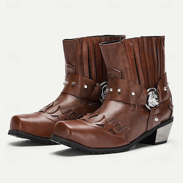  Men's Black Faux Leather Motorcycle Boots with Flame Embroidery and Metal Buckle – Western Style Ankle Boots for Biker Fashion and Casual Wear