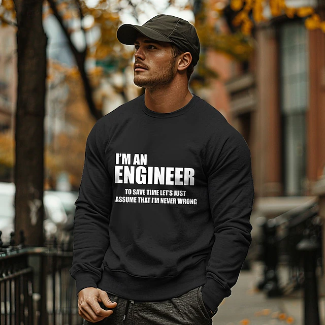 Men's Funny Engineer Crewneck Sweatshirt - "I'm Never Wrong" Work Humor Graphic Long Sleeve 8
