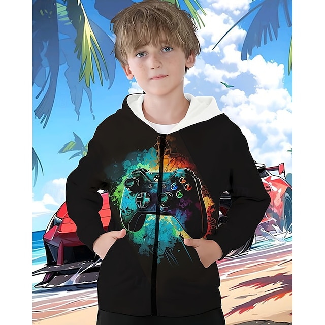  Pojkar 3D Grafisk Spel Huvtröja Kappa Ytterkläder Långärmad Vår Höst Mode Streetwear Barn 4-12 år Huva Utomhus Ledigt Dagligen Normal