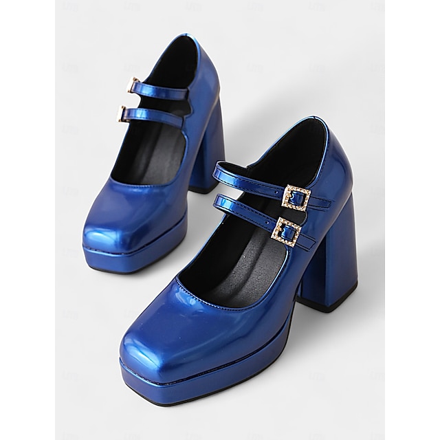  Damen-Mary-Jane-Pumps im Retro-Look aus Lack-Kunstleder mit klobiger Sohle und Doppelriemen – modische Schuhe mit Blockabsatz für Party- oder Freizeit-Outfits im Vintage-Stil