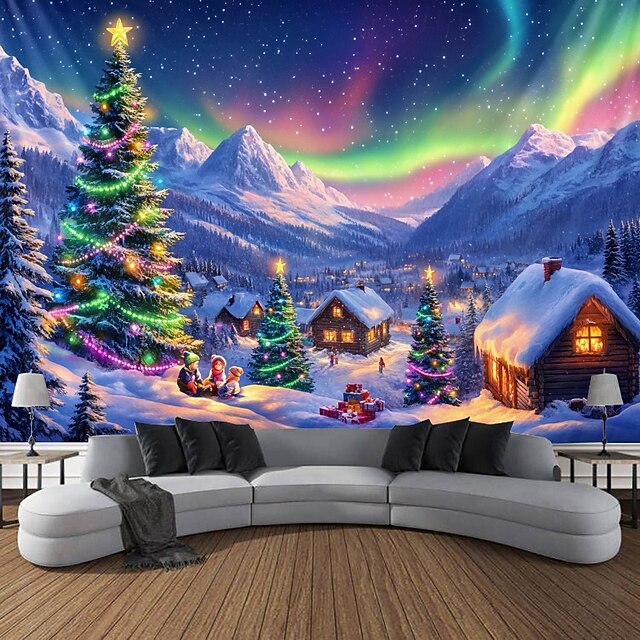 Christmas Decorations Blacklight Tapestry Santa Claus Village Glow in