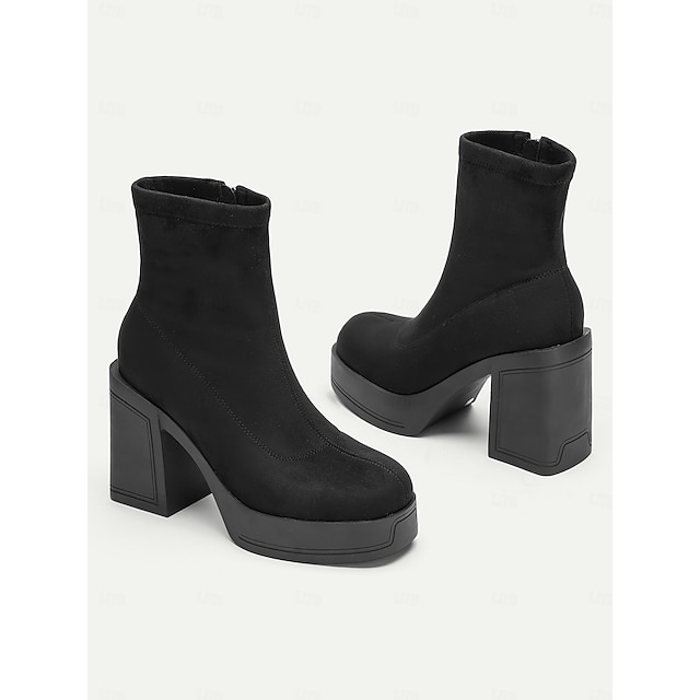  Mulheres Botas Botas com salto Sapatos de camurça Escritório Trabalho Diário Botas Botas Tornozelo Ziper Salto Robusto Ponta Redonda Moda Camurça Mocassim Preto