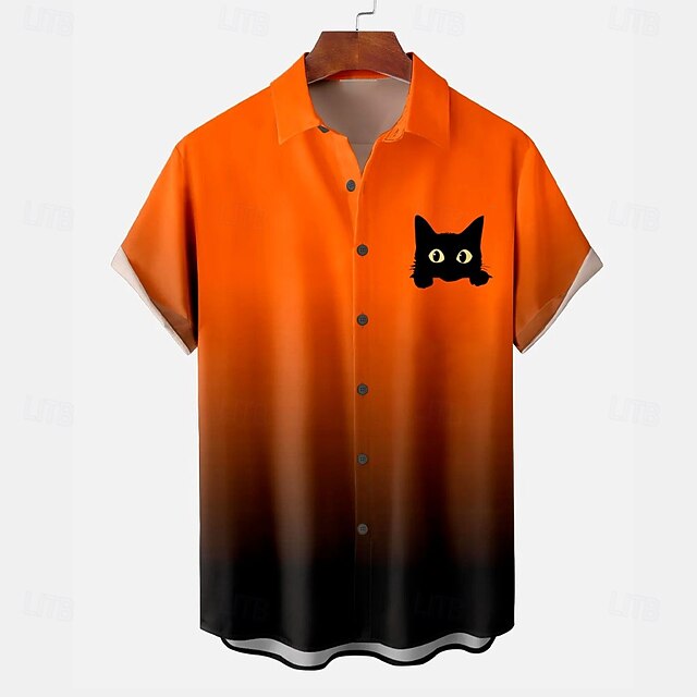 Halloween Men's Cat Halloween Costumes Shirt Button Up Shirt Short Sleeve Casual Vacation Party Evening Wear Daily Summer Collared Shirts Button Up 3D Print Orange4