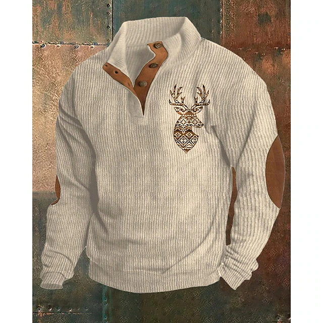 Men's Sweatshirt Black Army Green Khaki Gray Standing Collar Color Block Reindeer Patchwork Sports & Outdoor Daily Holiday Polyester Corduroy Streetwear Basic Casual Spring & Fall Clothing Apparel 5