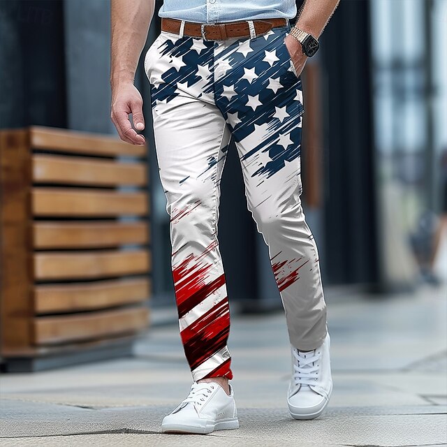 Men's American US Flag Patriotic Dress Pants Mid Waist Business Casual Formal Dailywear Zipper Pocket Summer Spring Fall 3D Print White4
