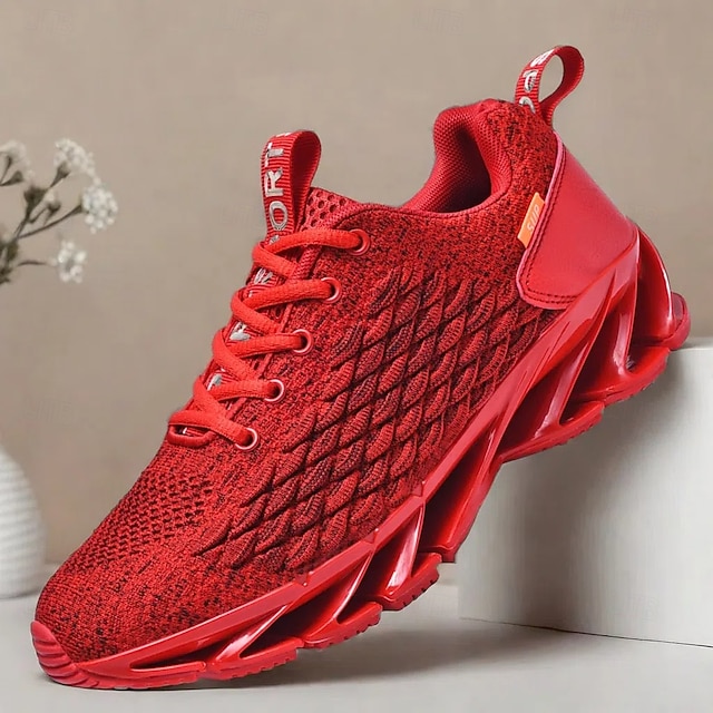  Herren Turnschuhe Flyknit Schuhe Fliegendes Weben Komfortabel Rutschfest Schnürsenkel Dunkelrot Schwarz Weiß