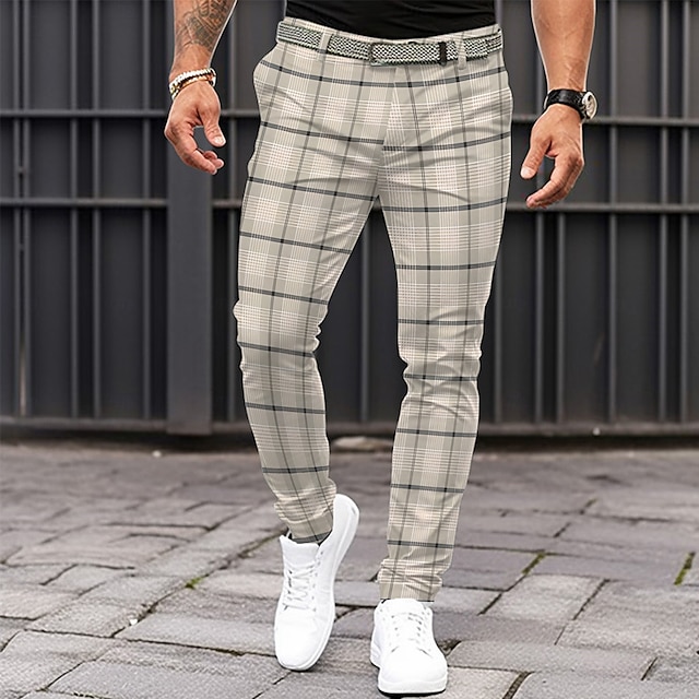  Herr Rutig Kostymbyxor Medium Midja Business Casual Formell Vardag Ficka Sommar Vår Höst Beige