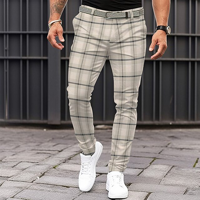 Men's Plaid Dress Pants Mid Waist Business Casual Formal Dailywear Pocket Summer Spring Fall Beige4