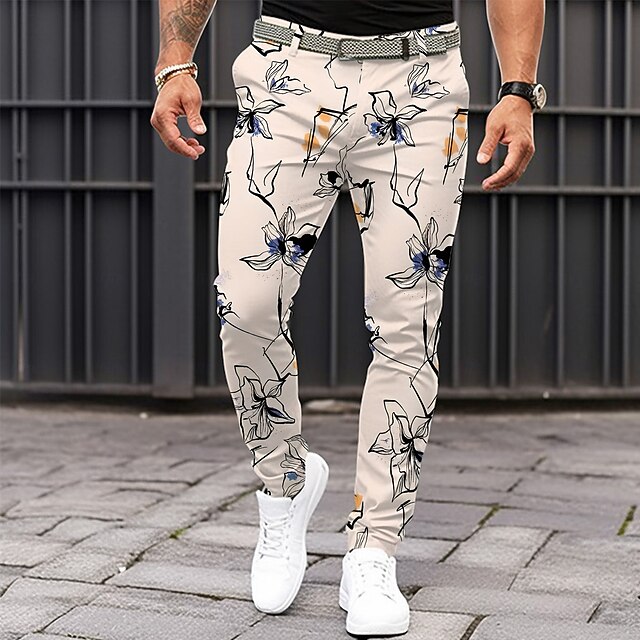 Men's Floral Dress Pants Mid Waist Vintage Casual Formal Dailywear Pocket Summer Spring Fall Beige4