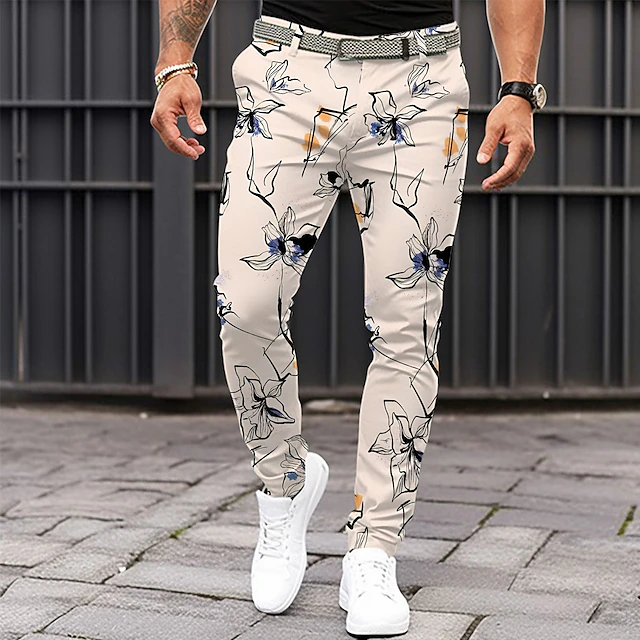 Men's Floral Dress Pants Mid Waist Vintage Casual Formal Dailywear Pocket Summer Spring Fall Beige4