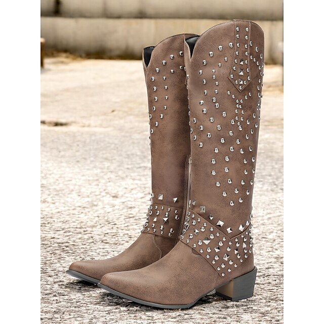 Women's Studded Western Cowboy Boots with Faux Leather – Vintage Knee-High Boots for Riding and Festivals 7