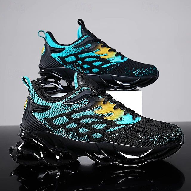 Men's Blue Athletic Sneakers with Unique Hollow Sole Design, Breathable Knit Upper, and Flame Detail – Lightweight Running Shoes with Orange Accents 34