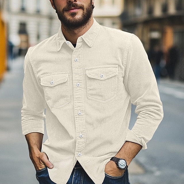  Hombre Camisa Camisa de verano Abotonar la camisa Camisa de Pana Negro Blanco Azul Marino Manga Larga Plano Cuello Vuelto Casual Diario Abotonar Ropa Moda Ropa de calle Clásico