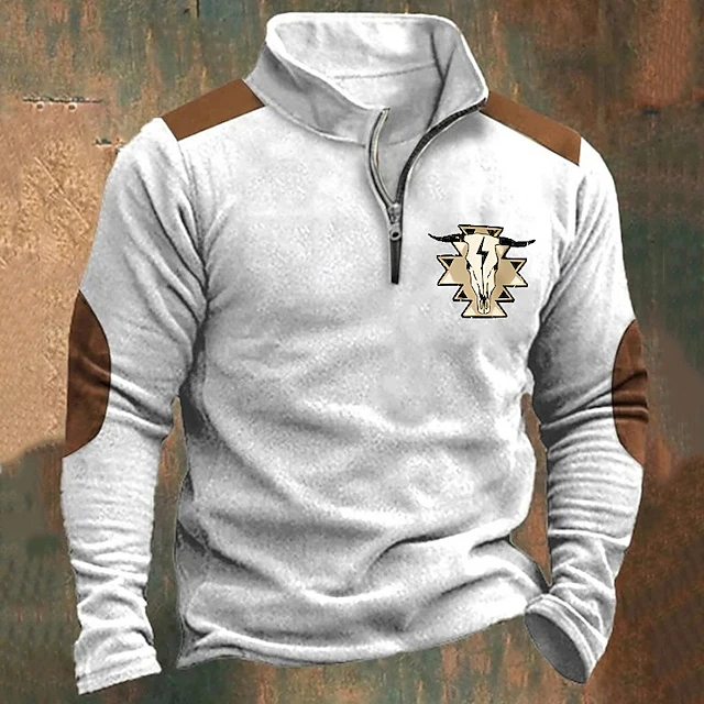 Men's Sweatshirt Quarter Zip Sweatshirt Blue Brown Khaki Light Grey Dark Gray Half Zip Graphic Cow Print Print Quarter Zip Christmas Daily Holiday Other Prints Polyester Streetwear Casual Fall Winter 6