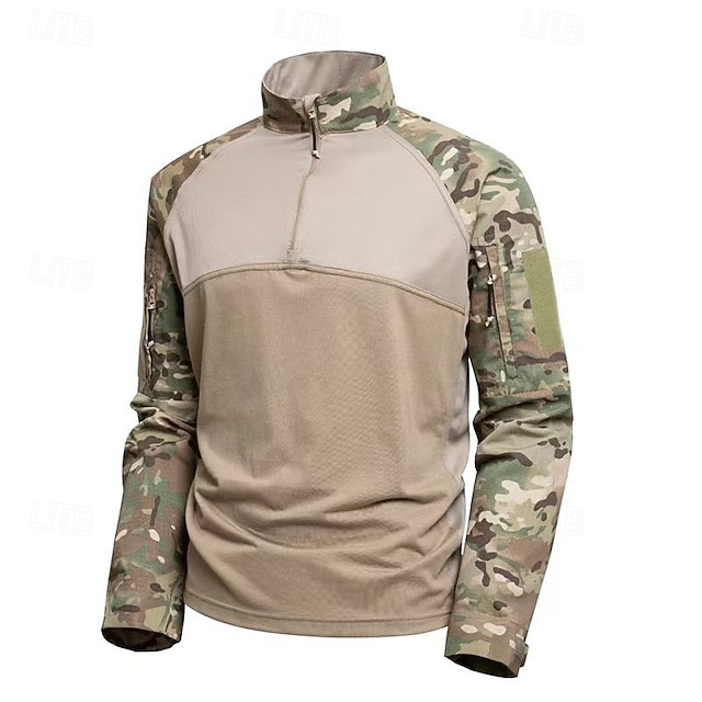  Per uomo Camicia da combattimento Maglia da escursione Camicia militare tattica Manica lunga Chiusura lampo quarto Superiore Esterno Traspirante Morbido Poliestere Collage Nero Verde militare Cachi