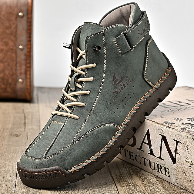  Men's Brown Faux Leather High-Top Ankle Boots – Handcrafted Stitching, Lace-Up Design with Velcro Strap, Rugged Non-Slip Sole for Outdoor Wear