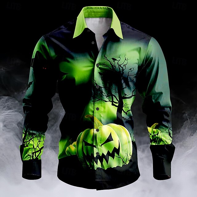 Halloween Men's Pumpkin Halloween Costumes Button Up Shirt Long Sleeve Casual Dark Party Evening Wear Causal Fall Winter Spring & Summer Shirt Collar Button Up 3D Print Green4