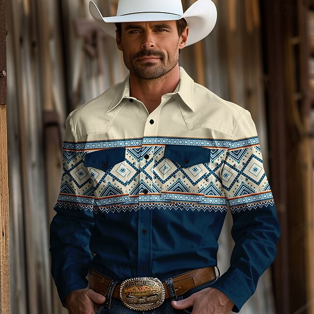 Men's Cowboy Western Shirt Button Up Shirt Cowboy Shirt Long Sleeve Vintage Western Daily Holiday Fall Winter Spring & Summer Turndown Collared Shirts 3D Print Blue4