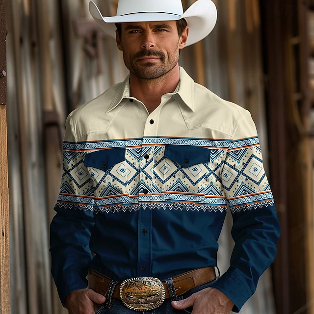 Men's Cowboy Western Shirt Button Up Shirt Cowboy Shirt Long Sleeve Vintage Western Daily Holiday Fall Winter Spring & Summer Turndown Collared Shirts 3D Print Blue4