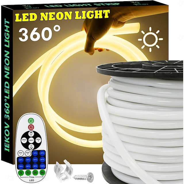  Bande lumineuse LED étanche 360° ronde néon 5-30 m/16-100 pi, flexible et à intensité variable avec télécommande multimode, prise AC220 V UE/UK/AU
