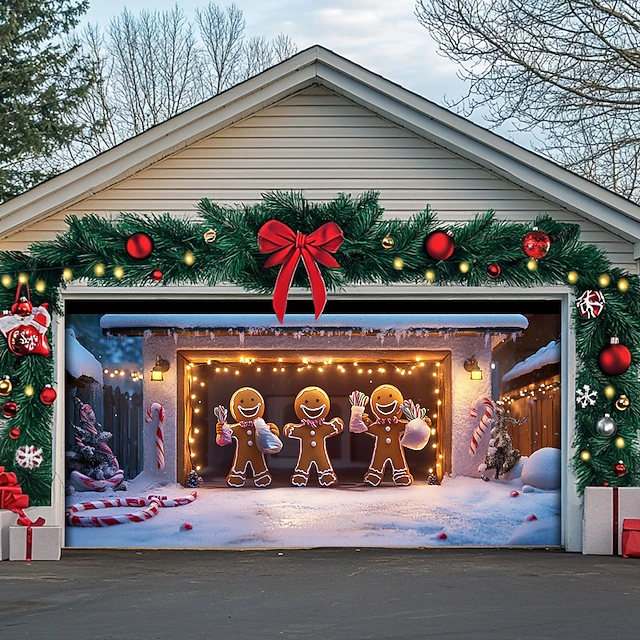 Christmas Door Decorations Outdoor Garage Door Cover Xmas Banner Gingerbread Man Large Christmas Backdrop for Holiday Outdoor Garage Door Home Wall Decorations 38