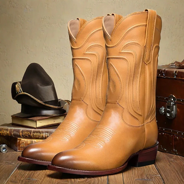 Men's Brown Faux Leather Western Cowboy Boots with Classic Embroidery - Durable and Stylish Rodeo Boots for Country and Outdoor Wear 12