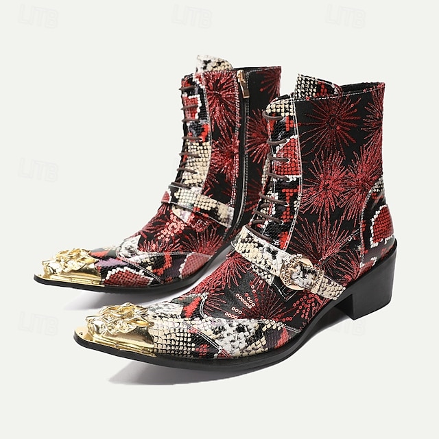  Botas de Motocicleta em Couro de Vaca Premium Masculinas com Cadarço e Fivela de Dragão com Ponta Dourada Padrão de Pele de Cobra e Lantejoulas–Estilo Western Ousado para Eventos de Motocicleta e