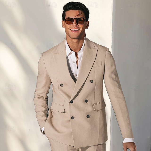  Herren Anzüge Formell Hochzeit Jahrestag Gefüttert Täglich Party Frühling & Herbst Herbst Polyester Einfarbig Knöpfe Thermowarm Bequem Doppelreihig Blazer Hellkaki