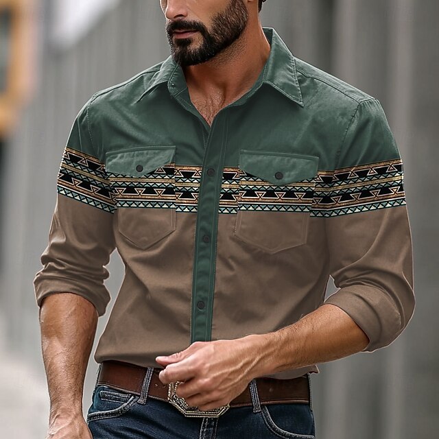 Men's Color Block Western Shirt Button Up Shirt Cowboy Shirt Long Sleeve Vintage Western Dailywear Spring Fall Winter Turndown Collared Shirts 3D Print Brown4